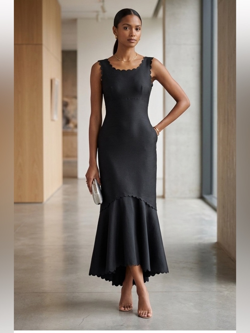 Philosophy Black Satin Fabric Scalloped Gown
